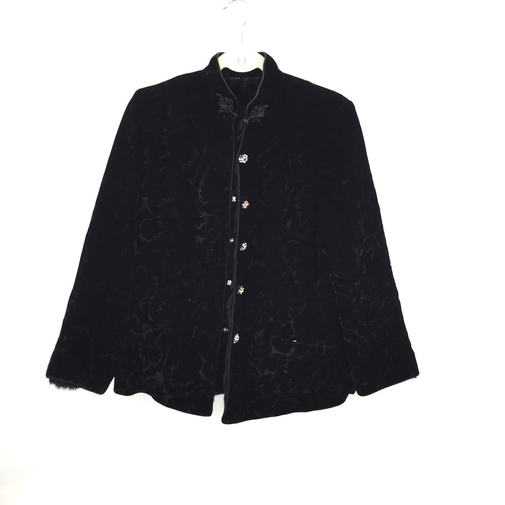 vintage Black burnout velvet genuine fur jacket whimisgoth regency luxury glam M